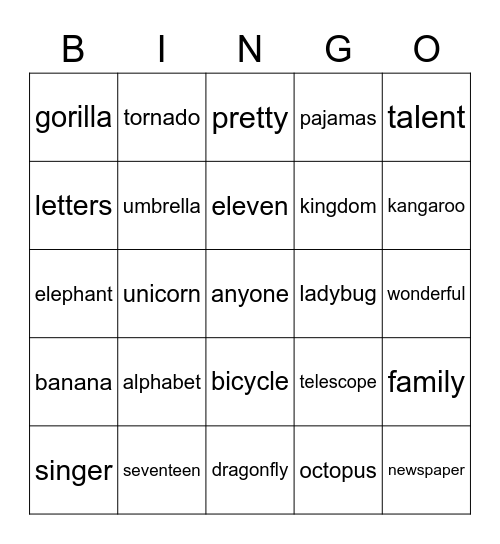 2 -3 yllable Words Bingo Card