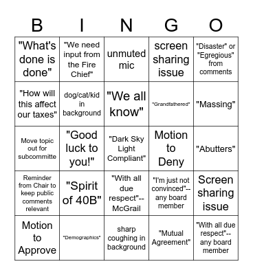 Zoning Board of Appeals Bingo! Bingo Card