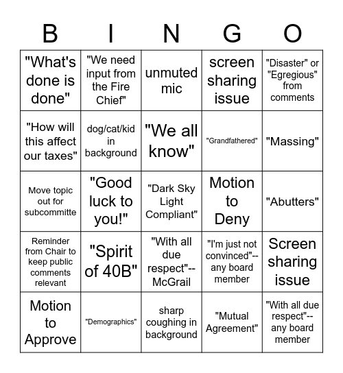 Zoning Board of Appeals Bingo! Bingo Card