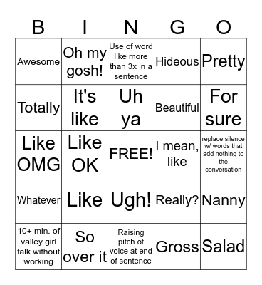 Office Sorority Girl Bingo Card