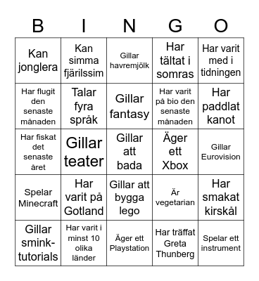 Mingelbingo Åk 8 Bingo Card