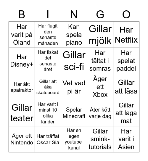 Mingelbingo Åk 8 Bingo Card