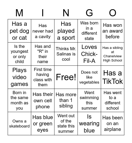 First Day of School MINGO Bingo Card