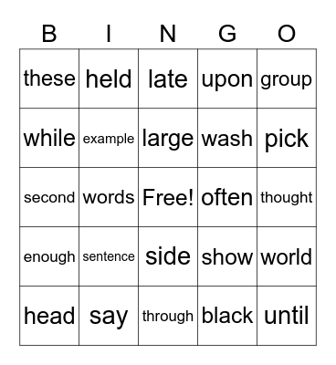 Sight Words Bingo Card