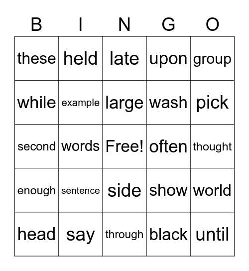 Sight Words Bingo Card