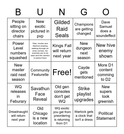 Destiny 2: Witch Queen Reveal Bingo Card