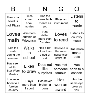 Middle School Bingo Card