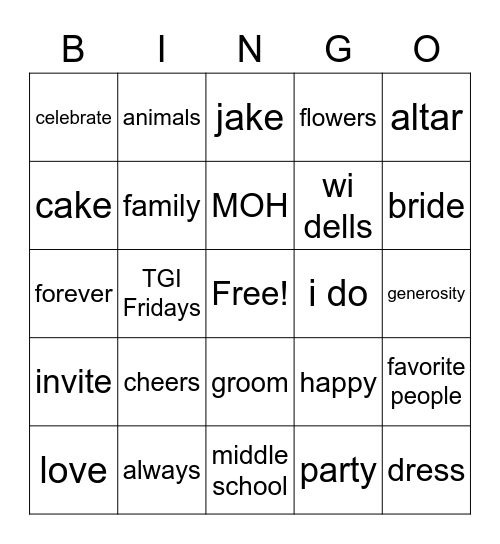 Bridal Bingo Card