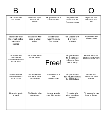 Back to School Bingo Card