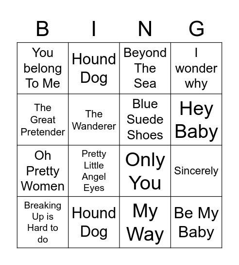 50’s and 60’s Music Bingo Card