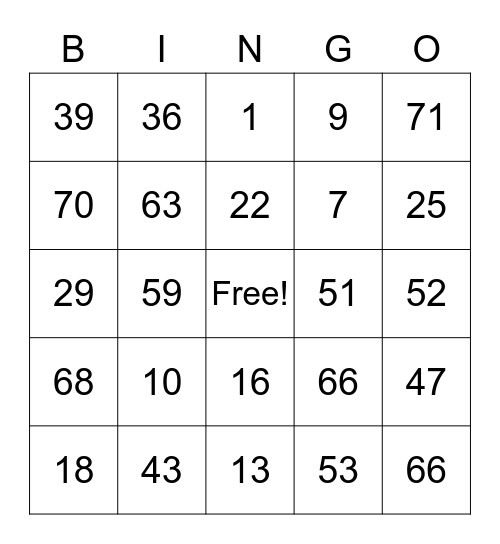 1-75 Bingo Card