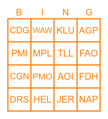 AIRPORT CODE BINGO Card