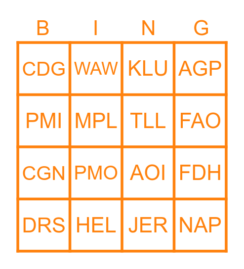 AIRPORT CODE BINGO Card