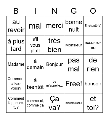 Greeting bingo French 1 Bingo Card