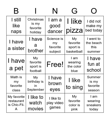 Getting To Know You Bingo Card