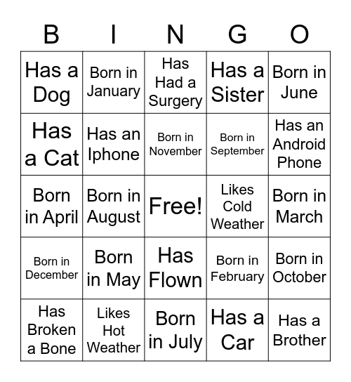 Get to Know You Bingo Card