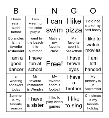 Getting To Know You Bingo Card