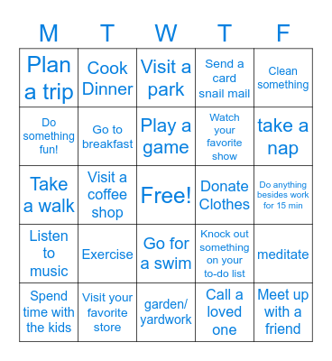 Work Life Balance Bingo Card