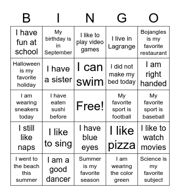 Getting To Know You Bingo Card