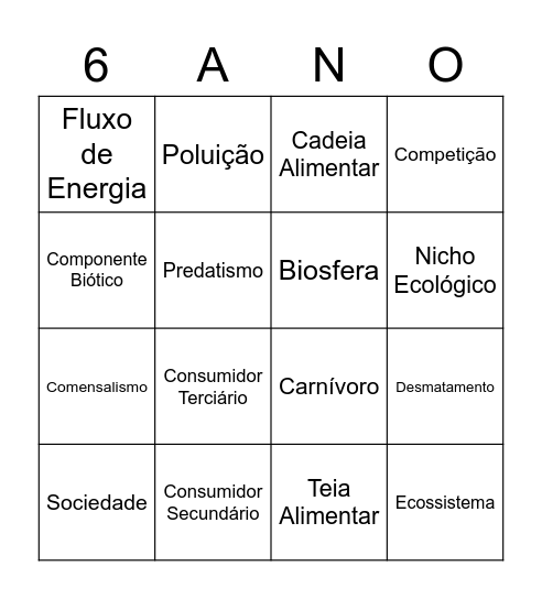 Ciências 6 º Ano Bingo Card