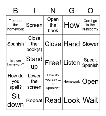 Classroom Expressions Bingo Card