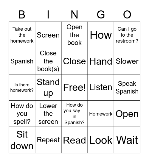 Classroom Expressions Bingo Card