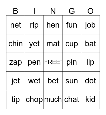 Short Vowel Bingo Card