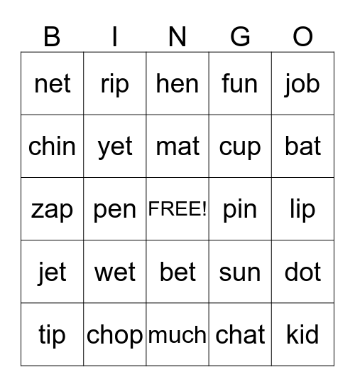 Short Vowel Bingo Card