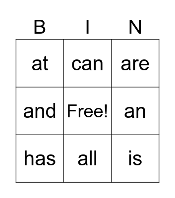 Sight Words Bingo Card