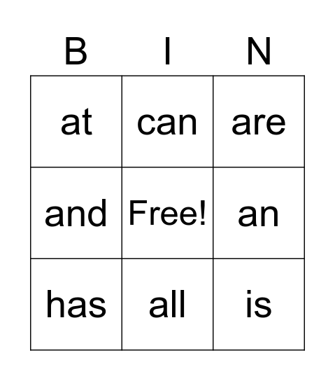 Sight Words Bingo Card