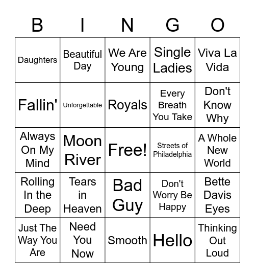 Grammy Songs of the Year Bingo Card