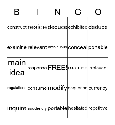 Vocabulary Bingo Card