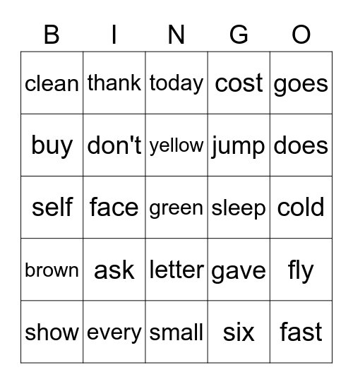 Reading Words Bingo Card