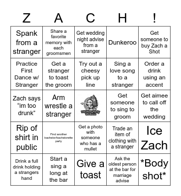 ZACHlor Party Bingo Card