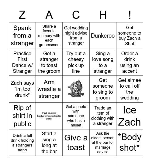 ZACHlor Party Bingo Card
