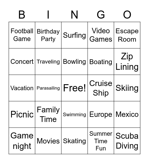 Kim's Team Fun Bingo Card