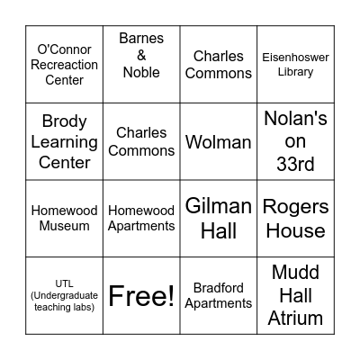 JHU CAMPUS BINGO Card