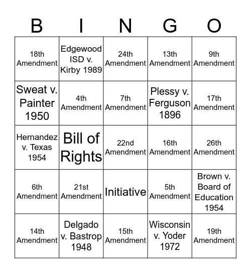 EOC Amendments & Court Cases Bingo Card