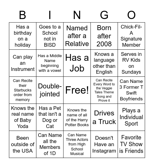 RV Student Bingo Card