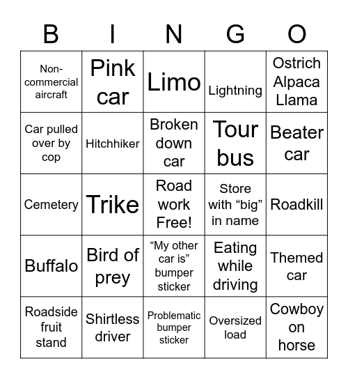 Road trip Bingo Card