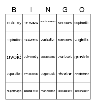 Reproductive System-Medical Terminology Bingo Card