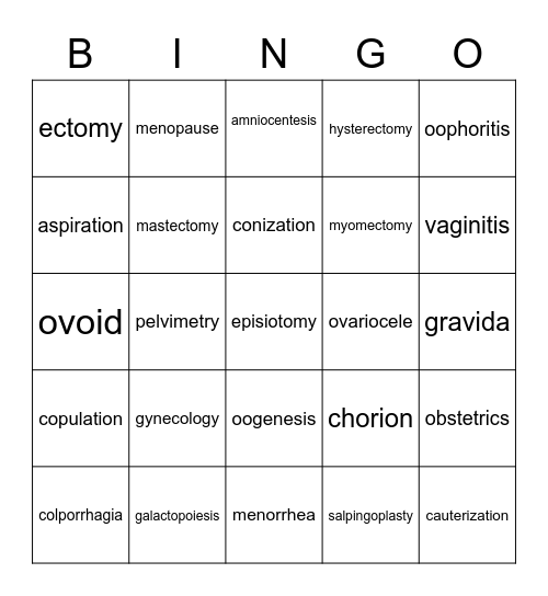 Reproductive System-Medical Terminology Bingo Card