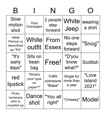 Love Island Bingo Card