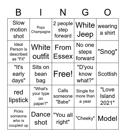 Love Island Bingo Card