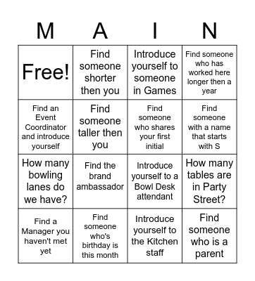 Welcome to Main Event Bingo Card