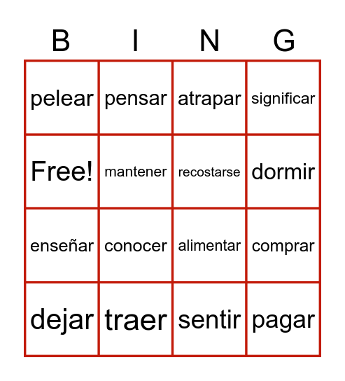 Verbs Bingo Card