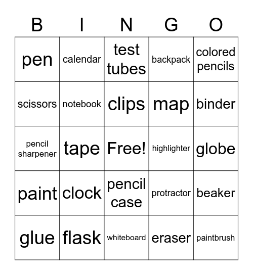Classroom Objects Bingo Card
