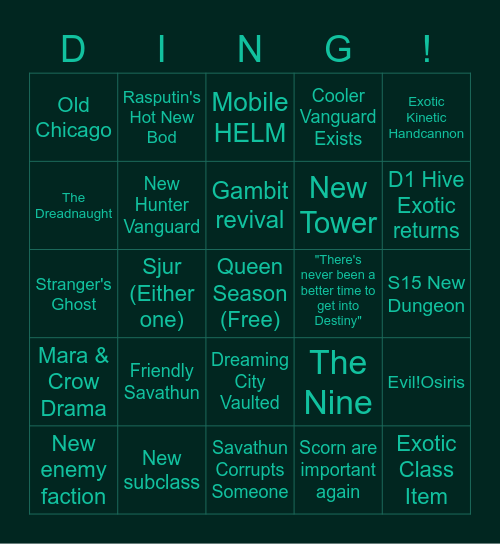 Destiny Showcase 2021 Bingo Card