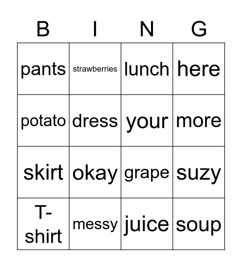 Messy Suzy Bingo Card
