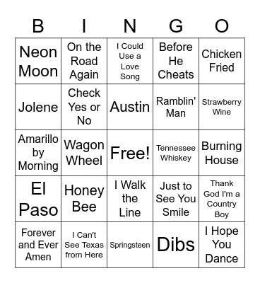 Country Songs Bingo Card